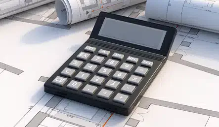 Calculator on architectural blueprints background