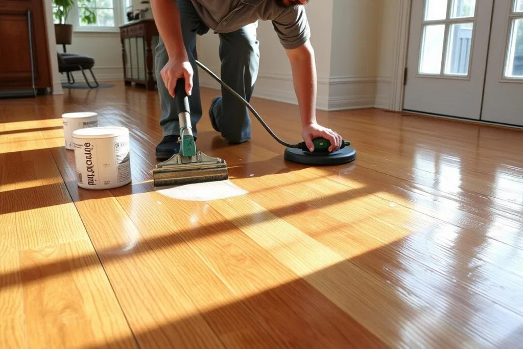 Application de vernis écologique sur plancher rénové à Montréal