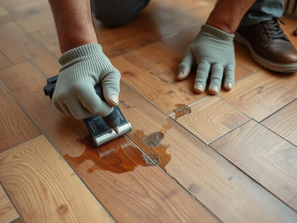 Expert en rénovation plancher Montréal examinant un plancher de bois franc endommagé