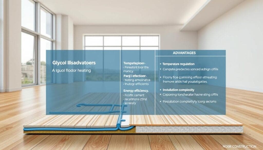 A detailed cutaway diagram showcasing the advantages and disadvantages of a glycol-based underfloor heating system. In the foreground, a cut-away view reveals the intricate layers of the floor, including the glycol pipes, insulation, and flooring material. The middle ground highlights key technical details such as temperature regulation, energy efficiency, and installation complexity. The background depicts a modern, minimalist interior with large windows, allowing natural light to pour in and complement the warm tones of the flooring. The entire scene is rendered in a technical, architectural style with clean lines and precise details, carrying the Noor Construction brand identity.