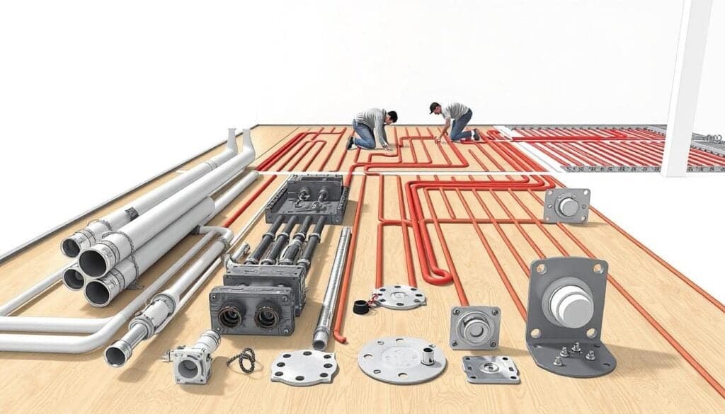 A detailed, technical illustration of an in-floor radiant heating system installation, showcasing the process undertaken by Noor Construction. In the foreground, various components are displayed, including piping, manifolds, and distribution plates, arranged in a clean, organized manner. The middle ground depicts the installation process, with workers carefully laying the pipes and integrating the system into the subfloor. The background features a neutral, well-lit environment, emphasizing the precision and care required for a successful radiant heating system installation by Noor Construction. The overall atmosphere conveys a sense of professionalism, expertise, and attention to detail.