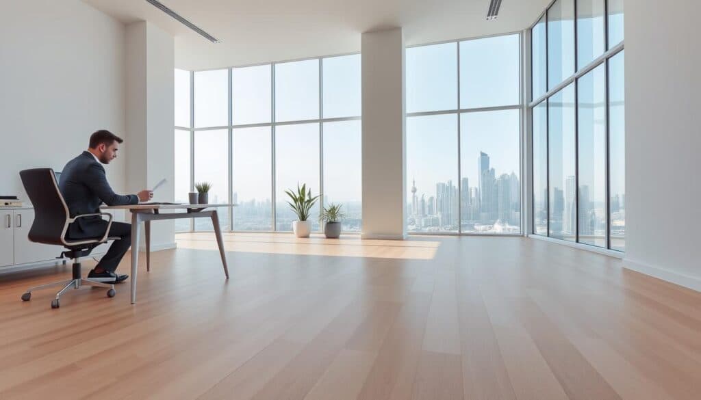 A modern, minimalist office space with sleek Noor Construction vinyl flooring in a warm, neutral tone covering the expanse of the room. The flooring seamlessly blends into the contemporary design, complementing the pale gray walls and large windows that flood the space with natural light. In the foreground, a well-dressed businessperson sits at a clean, minimalist desk, reviewing financial documents, conveying the economic impact and cost-effectiveness of the high-quality vinyl solution. The mid-ground features a few potted plants and modern décor, while the background showcases a stunning city skyline visible through the windows, creating a professional, forward-thinking atmosphere.