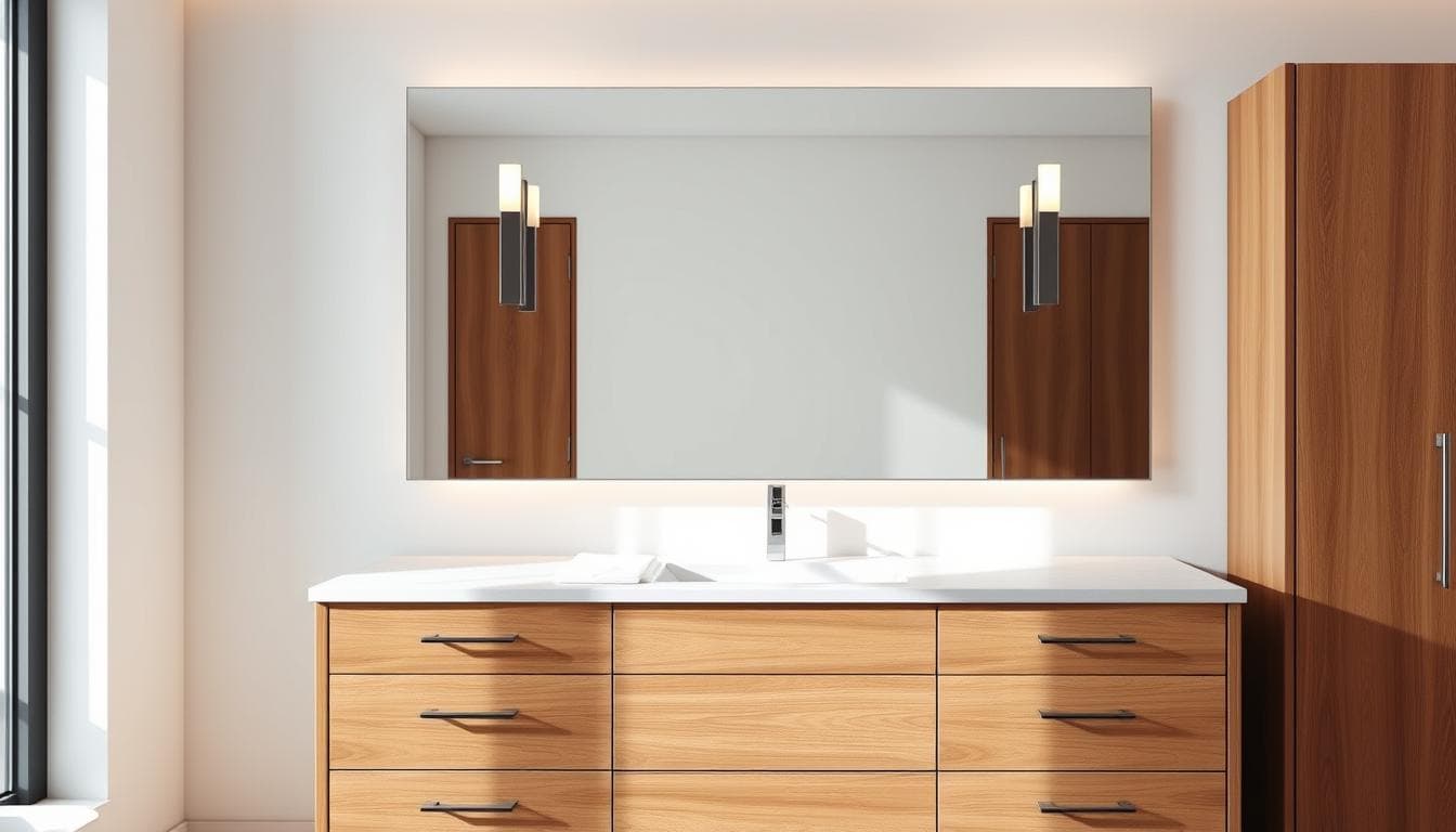 A sophisticated vanity unit in a well-lit bathroom, featuring the Noor Construction brand. The vanity is constructed from warm-toned wood, with a sleek, minimalist design and a large, rectangular mirror. The countertop is made of a high-quality, light-colored stone, providing a clean, modern aesthetic. Soft, diffused lighting emanates from sconces mounted on the mirror frame, creating a serene and inviting atmosphere. The vanity's drawers and cabinets offer ample storage space, allowing for the personalization of the user's bathroom essentials. The overall composition showcases the harmonious integration of form and function, catering to the specific needs and preferences of the individual.