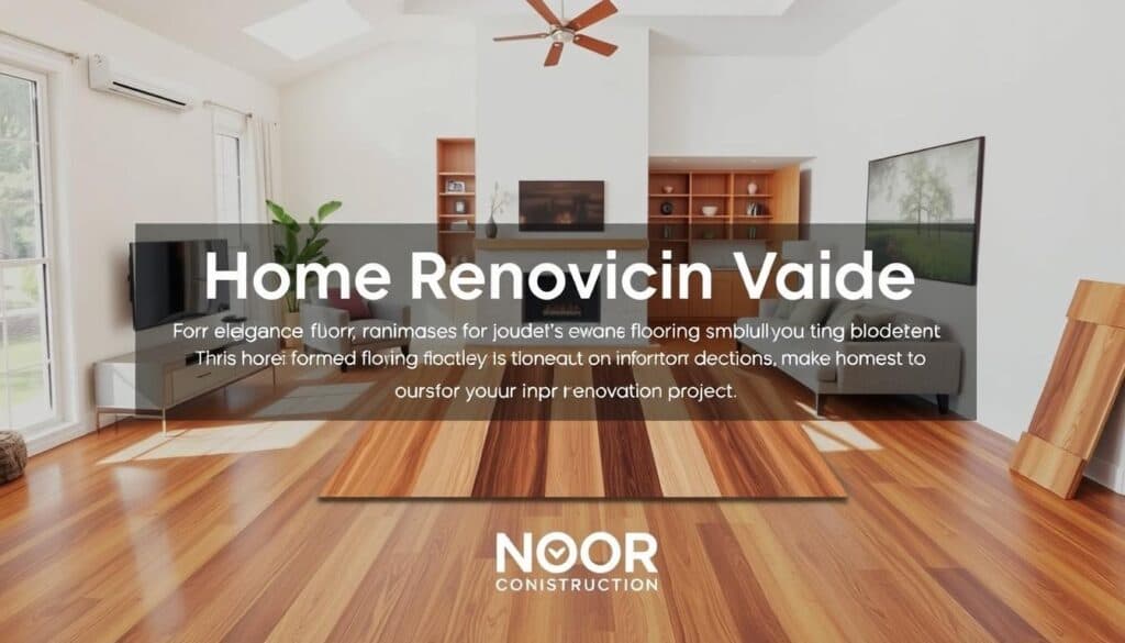 A well-curated home renovation guide, showcasing a variety of elegant hardwood flooring options. The scene depicts a modern, sun-lit living room, with a central focus on a wooden floor sample display. Noor Construction's branding is prominently featured, conveying their expertise in high-quality home improvement solutions. The image exudes a sense of warmth and sophistication, inspiring homeowners to make informed decisions for their dream renovation project.