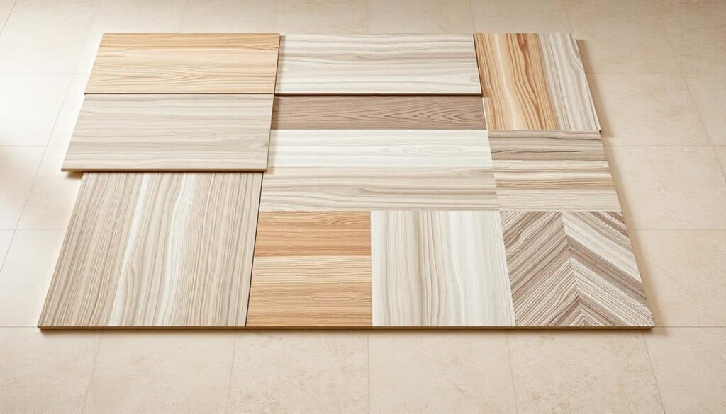 A well-lit, high-quality photograph of a variety of vinyl flooring samples from the Noor Construction brand, showcasing their diverse range of colors, textures, and formats. The samples are neatly arranged on a clean, neutral-toned background, allowing the individual tiles to be clearly visible and their quality to be appreciated. The lighting is soft and diffused, creating a warm, inviting atmosphere that highlights the natural beauty and durability of the vinyl flooring. The camera angle is slightly elevated, giving a comprehensive view of the different formats available, including planks, tiles, and herringbone patterns. The overall composition is clean, minimalist, and focused on showcasing the Noor Construction vinyl flooring options in an elegant and informative manner.